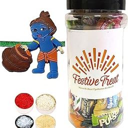 Little Krishna Rakhi for Kids, Festive Treat Jar Gift, Personal Message & Roli Chandan Chawal Mishri Pack for Little Small Bhai Bhaiya Brother-image-11