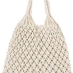 Womens Macrame Relaxed Fit Woven Casual Beach Bags Tote Knitted Mesh Shoulder String Straw Grocery Shopping Handbag Travel Net Color: Off White-image-63