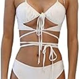 Women's White Thin Ruched Lace-Up Bikini Top with High-Leg Bikini Bottom| Flattering Two-Piece Set-picture-16