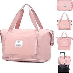 Travel Bag,Waterproof Polyester Duffel Gym Tote Bag,Weekender Carry On Overnight Bags for Women's with Trolley Sleeve Wet Pocket,Travel Duffel Bags, L-Pink-Upgrade 18 cms-image-119