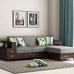 Wopno Furniture Sheesham Wooden 4 Seater L- Shape Sofa for Living Room | Solid Wood Sofa with Side Box Storage & Cushion | Rosewood Sofa Set for Home & Office | Lounge (Walnut, 4 Seater)-image-5