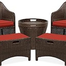 DEVOKO Rattan Wicker 2 Seater Patio Set with Waterproof Cushioned Ottoman & Coffee Table for Outdoor Living Area, Garden, Deck, Lawn, Poolside, Balcony, Terrace, Porch (Dark Brown & Red)-image-100