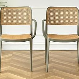 Creative Modern Cane Dining Chair (Set of 2) with Armrests, Woven Rattan Back and Seat, Grey Frame | (Grey)-17