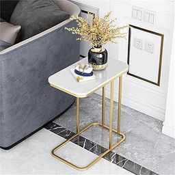 Brown Art Shoppee C Shaped Side Table, Modern Accent Coffee Table Compact Bedroom Bedside Tables Lamp Table with Metal Frame, MDF Table Top, for Bedroom, Living Room (Gold & White)-33