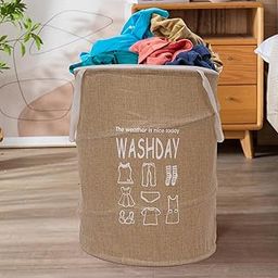Kuber Industries Laundry Basket | Round Foldable Laundry Basket | Jute Storage Bag with Button Handles | Clothes Basket for Home | Storage Basket | 45 LTR | Beige-image-48