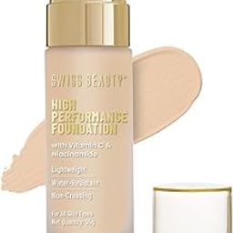Swiss Beauty High Performance Foundation | Water-Resistant | Medium to Buildable Coverage | Lightweight | Easy to Blend | With Vitamin C & Niacinamide | Natural Beige, 55g-55