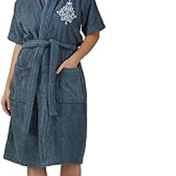 Rangoli Royal Bamboo Premium Bathrobe For Women | Ultra Soft Bamboo Yarn Lightweight Bathing Robes | 460 GSM Highly Absorbent & Quick Drying Luxurious Bath Gown | Knee Length Bath Robe - Blue-image-4