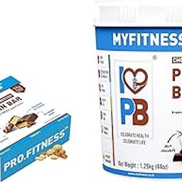 MyFitness Peanut Butter & PRO.FITNESS Protein Bar | Healthy Snacks Combo | 23g Protein Crunchy Choco Spread & 11g Protein Bars, Choco Peanut Butter | Cholesterol Free | No Trans Fat | 1.25Kg + (34gX6)-6