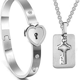 Heart Lock and Key Bracelets Silver Stainless Steel Couple Bracelet Chain Pendant Necklace Set for Lovers Men and Women Girls Boys (Silver) BRACELET-M150-image-82