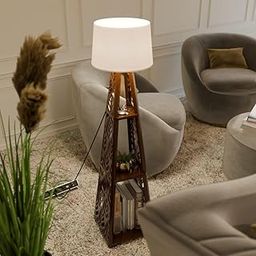 Brown Art SHOPPEE Carved Floor Lamp with Shelves, Standing Lamp with Bulb, Corner Display Bookshelf Lamp for Living Room Tall Shelf Lamp, Furniture Décor Lighting for Living Room, Bedrooms (Brown)-image-14