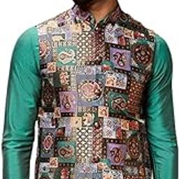 Men's Nehru Jacket, Green Silk Blend, Woven Design Regular Fit Mandarin Collar Sleeveless-image-38