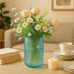 Homecure Glass Flower Vase for Home Decor- 6 Inch Decorative Vase for Living Room I Ribbed Glass Vase I Glass vase for Living Room I Blue Glass Pot-image-49