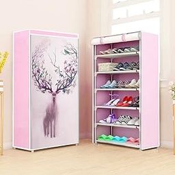 CMerchants Multipurpose Home Utility Portable Space Saving 6 Layer Nature Animal Print Shoe Rack Organizer Stand Pink-image-1