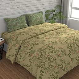 Huesland by Ahmedabad Cotton 144 TC Bedsheet for Double Bed King Size with 2 Pillow Covers | Botanical Bliss | 108 x 108 inches | Vanilla & Green-image-6