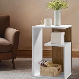 Yookeer Wooden Bed Side End Table with Storage|Living Room Sofa Side Table|Room Decor Side, Single Drawer Footed Bedside White Table, White and Brown, 60x40x21 cm-image-100