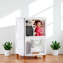 2-Tier Storage Cabinet with Sliding Doors, White Modular Organiser with Transparent Panel (2)-picture-20