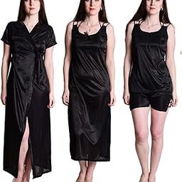 Women's Black Satin Nightwear/Nightdress 4 Pc Set of Nighty, Wrap Gown, Top & Shorts with Nighty Set-picture-14