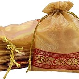 Soul Artisan Potli Drawstring Bag (Golden-Tissue Silk) With Red Zari Border for Return Gifts, Wedding, Baby Shower, Haldi Functions, Dry Fruit and Jewelry Packaging Size 12X18 cm | Pack of 10-image-46