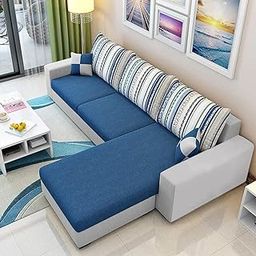 CASASTYLE Adona 4 Seater Fabric RHS L Shape Sofa Set with 2 Puffy (Blue-Grey)-image-9