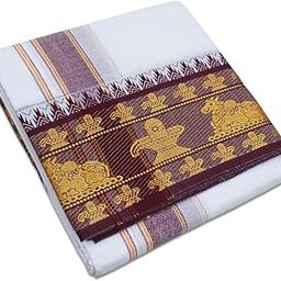 Premium Cotton Off White Dhoti 7 Inch Border 4 Meter Dhoti and 2.25 Meter Towel Set 9X5-42