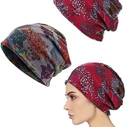 NHCDFA Synthetic 2 PCS Slouchy Chemo Caps for Women, Skull Caps, Soft and Stretchy Beanie Caps Monkey Cap, Bandanas for All Seasons, Stylish Scarf for Sports Causal Wear (Wine Red, Grey Red), Medium-28