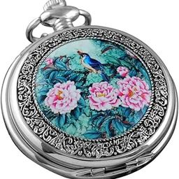 Quartz Beautiful Peony Bird Enamel Painting Steampunk Silver Pocket Watches Gift Box-image-56