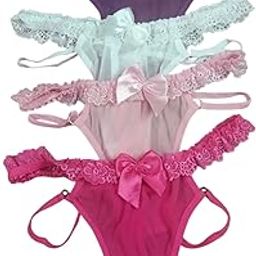 Ladies' Lace-Trimmed Thong Panties with Bow Detail, Pack of 4, Purple Pink Mint White-image-74