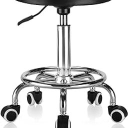 Round Rolling Stool: Adjustable Height, 360°Smooth Swivel, Stool with Wheels and Footrest, PU Leather, Rolling Stool Chair Compact for Massage, Tattoo, Salon Stool Weight Capacity 300LBS (Black)-image-42