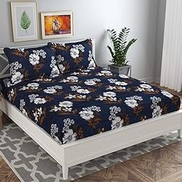 BSB HOME 100% Microfiber Flat Double Bedsheets with 2 Pillow Covers | Double Bed Breathable | Wrinklefree | Ultrasoft 144 TC Supersoft |88" x 88" or 225x228 cm, 7 x 7 Feet | Navy Blue White Flower-13