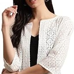 Women Off-White Self Design Cotton Open Front Shrug-17
