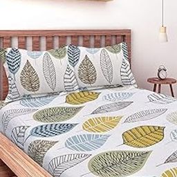 Huesland by Ahmedabad Cotton 144 TC Cotton Single Bedsheet with 1 Pillow Cover - Beige, Green & Blue-image-46