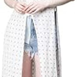Women Ivory Polka Dot Print Collared Sleeveless Button-Down Beachwear Cotton Cover Up-image-36