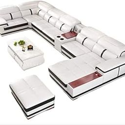 Woodsfreak 8 Seater U Shape Sofa Set | White Leatherette Sectional Couch with Cup Holders | Soft Comfort Seating | Spacious 72–96 Inch Sofa for Living Room | Without Centre Table-image-8