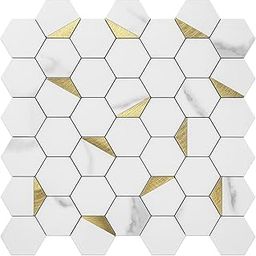 ASKCREW Hexagon Tile Peel and Stick Backsplash, White Marble Look PVC Mixed Golden Metal Mosaic Tiles for Kitchen and Bathroom-image-28