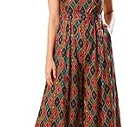 Women Multi Colour Abstract Print Wrap V-Neck Waist tie Up Flared Hem Fusion Jumpsuit-image-7