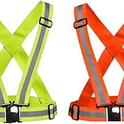 High Visibility Protective Safety Reflective Vest Cross Belt Jacket, Night Cycling Reflector Strips Cross Belt Stripes Adjustable Vest (Orange Green) Combo Pack-11