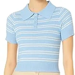 icw Women's Knitted Ribbed Half Sleeve Wave Striped Polo Neck Collar Crop Top T-Shirt DN7280-picture-3