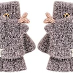 PearlTree Stretchy Windproof Fashion Convertible Woman Gloves - Cute Warm Feather Fingerless With Mitten Cover - Thermal Flip Top (5-12 Years) (Grey)-image-8
