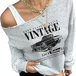 sxv style Women's Casual Vintage Car Print Asymmetrical Neck Pullover Sweatshirt-picture-12