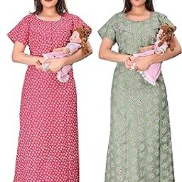 Cotton Feeding Nighty COMBO in Mix Cotton with Two Side Zips for Baby Feeding Purpose and Neck Buttons For Comfortable Wearing . A Mix Cotton Feeding Nighty with zip , maternity nighty for women Cotton feeding nighty (Maternity Nighty) Combo Pack-image-30