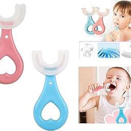 DOMUM Baby Toothbrush with U Shaped Silicone Brush Head for 360 Degree Cleaning Suitable For 2-6 Years, Manual, Heart Design, Whole Mouth Cleaning Tool For Kids - Multicolor (Pack Of 2).-3