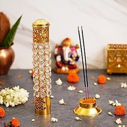 Webelkart Traditional Brass Crystal Incense Holder| Agarbatti Stand with Ash Catcher Incense Holder Stick Holder for Pooja, Decor Burner for Home Office Decoration (11.5" Inches)-10