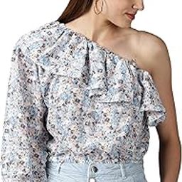 Women's Printed Blue Cinched Waist Top-KG-4132_Blue_XS-image-1