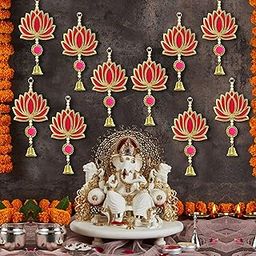 TIED RIBBONS Pack of 10 Wall Door Hanging Lotus Latkan Toran with Bells (22.8 cm x 9.6 cm) - Main Door Entrance Pooja Room Temple Wedding Festival Decor - Navratri Decoration Items for Home Decor-18