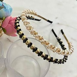 Deepti Chandna Design 2 Pieces Fashion Hair Accessories Headbands Shinny Crystal Beaded Hair Band/headbandfor Women and Girls - Peach and Black-image-70