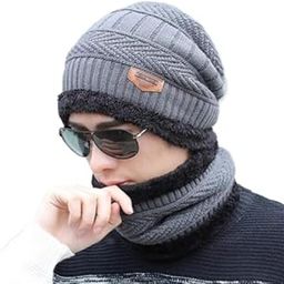 Warm Knit Skull with Neck Warmer Winter Wear Beanie Scarf Set for Men and Women Grey-image-86