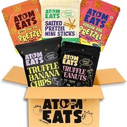 Atom Eats Gift Hamper | Dad's Secret Stash | Father's Day Hamper (Pack of 5) | Assorted Salted & Peri Peri Pretzels, Cheese Spinkled Banana Chips & Peanuts | Premium Gifting for Dad | Imported Quality Snacks | 190g-18