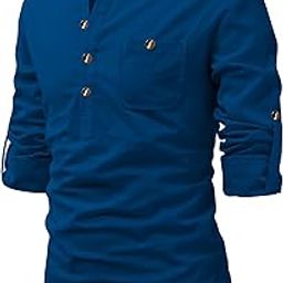 Men Pure Cotton Slim Fit Spread Collar Full Roll Up Sleeve Style Short Kurta with Ultra Soft Eye Catching Beige Color Kurta for Any Occasions-picture-13