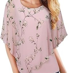 Women's Lightweight Flowy Shirt Double-Layered Printed Chiffon Poncho Blouse Top-9