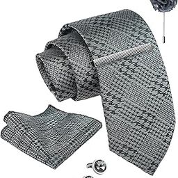 Tie for Men – Geometric Silk Neck Ties Set with Cufflinks Flower Pin, Pocket Square & Black Gift Box, Combo Necktie Sets for Office Wear, Formal Suits (Metallic Silver, NXWDS_236)-image-50